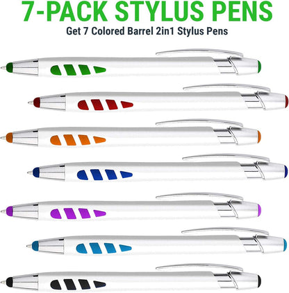 Stylus Pens - 2 in 1 Touch Screen & Writing Pen, Sensitive Stylus Tip - for Most Touchscreen Devices - Assorted Barrel Colors, Black Ink, 7 Pack