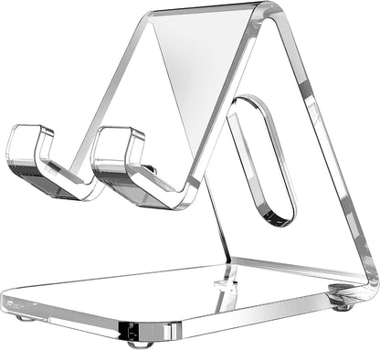 CreaDream Acrylic Cell Phone Stand, 5mm Thicker Clear Cell Phone Holder, Transparent Phone Stand for Desk, Desktop, Desk Accessories, Suitable for iPhone 14 13 Pro Max, All Smartphone 4-8inch