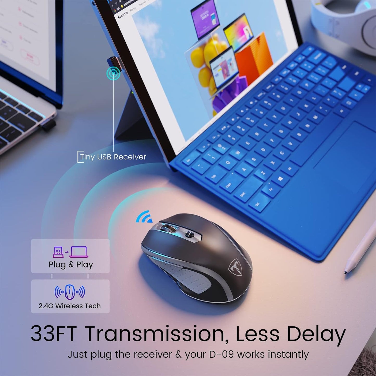 Wireless Mouse, D-09 Computer Mouse USB Cordless Mice for Laptop, Ergo Grips, Lightspeed 5-Level 2400 DPI, 16 Months Battery, Portable for PC Mac Chromebook (Graphite Grey, 1 Pack)