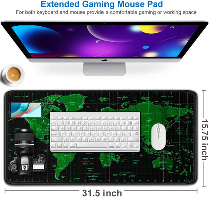 Large Gaming Mouse Pad, 31.5x15.7 inch Large Extended Computer Keyboard Mouse Mat, Water Resist Non-Slip Mousepad Rubber Base Long XXL Desk Mouse Pad for Work & Gaming, Office & Home, Green Map