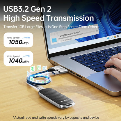 PHIXERO P10PRO External NVMe SSD 1TB, Up to 1050MB/s, USB 3.2 Gen2, Includes 2-in-1 USB C Cable, Portable Hard Drive for iPhone 15+/Android/Windows/Mac, Black