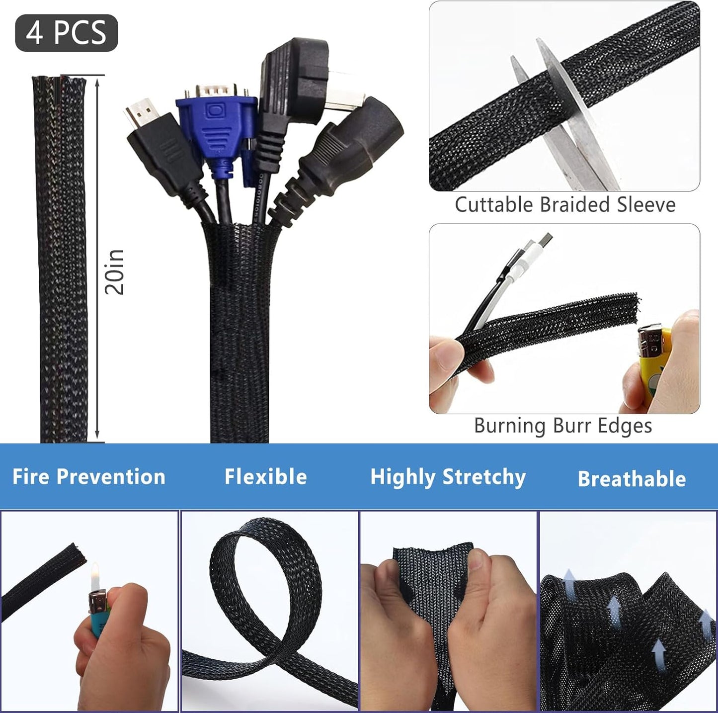 ELII 300PCS Cable Management Kit,4 Cable Sleeve 35 Cable Clips with 11Cord Holders,20 Roll Cable Organizer Straps and 200 Fastening Cable Ties,20 Cable Zip Tie Mounts for Computer TV Under Desk