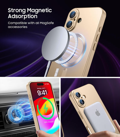 Magnetic for iPhone 16 Case [Compatible with MagSafe][Built-in Camera Lens Protector] Slim Soft Silicone Bumper Shockproof Metallic Luster Phone Case (Gold)