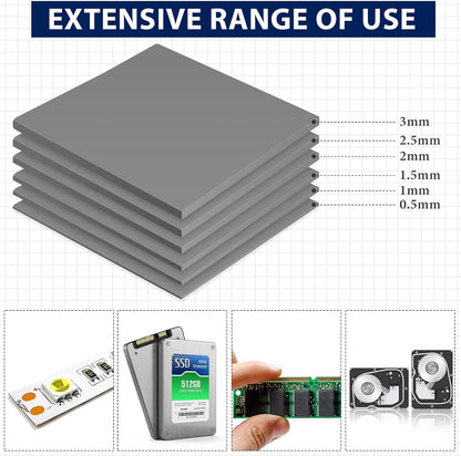 Frienda 6 Pcs Thermal Pad 100 x 100 mm, 0.5 mm, 1 mm, 1.5 mm, 2 mm, 2.5 mm, 3 mm Heat Resistant Conductive Silicone Thermal Pads Conductivity 6.0 W/M for Laptop Heatsink CPU GPU LED Cooler(Gray)