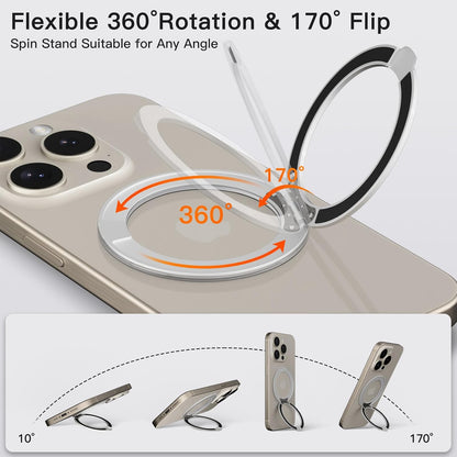 COOLQO 2Pcs 360 Spin Cell Grip Ring Phone Stand [Upgrade Gear Hinge Stress Relief] Magnetic Holders for Your car Accessories Desk Mount Compatible with iPhone All Smartphone, Glitter Silver