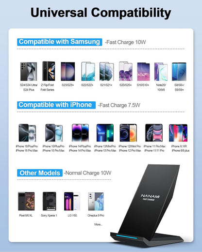 Fast Wireless Charger, NANAMI 15W Qi Certified Wireless Charging Stand Compatible iPhone 16/15/15 Pro/15 Plus/15 Pro Max/14/14 Pro/13/12, for Samsung Galaxy S25/S24/S23/S22/S21 and Qi-Enabled Phone