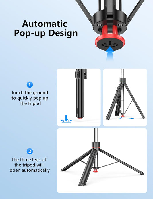 70'' Automatic Tripod, Extendable Selfie Stick Phone with Magnetic Remote & 1/4" Screw Camera Tripod Lightweight Travel Tripod for Cell Phone Compatible with iPhone 16/15/14/13/12/Android