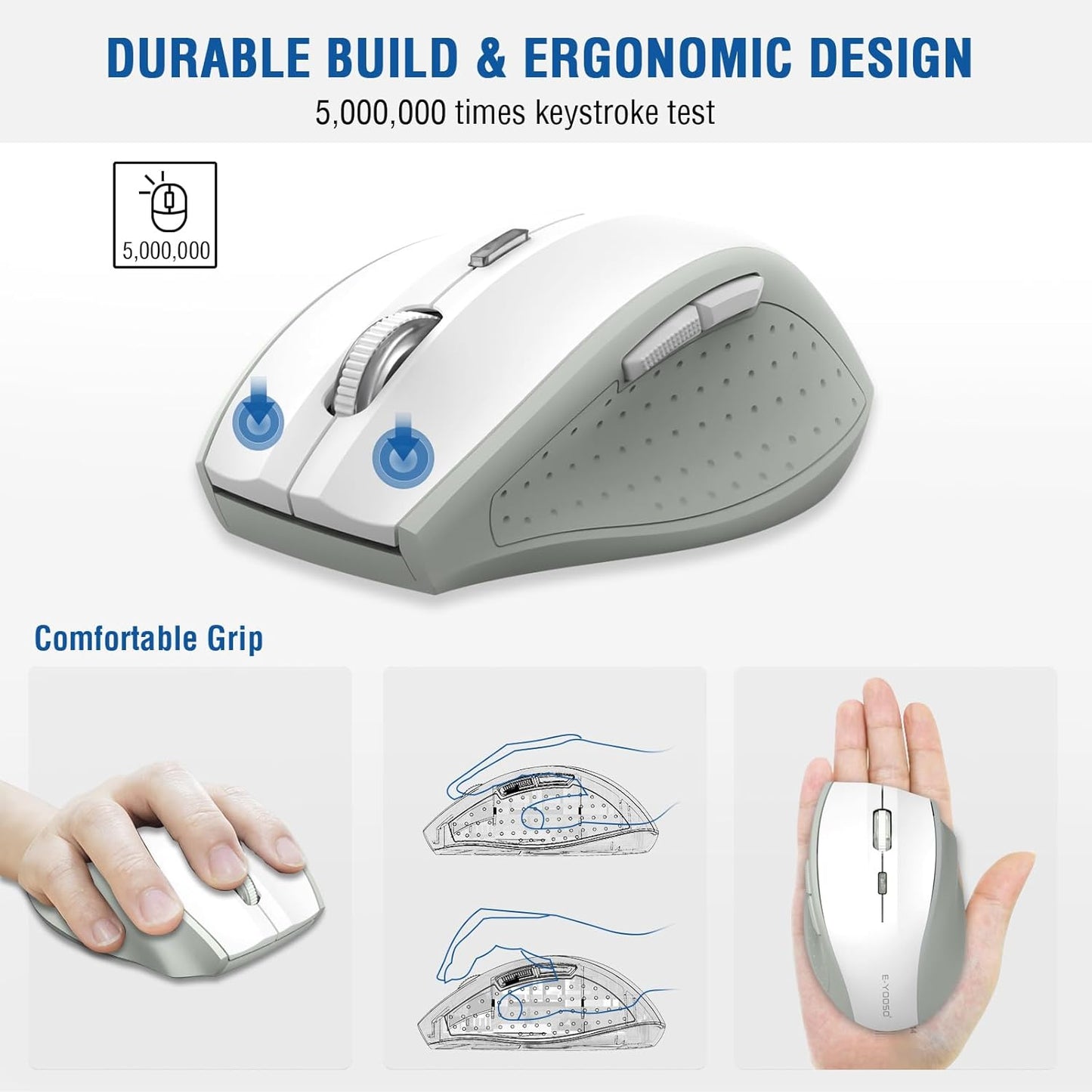 E-YOOSO Wireless Mouse for Laptop, Portable Optical Computer Mouse, 6 Buttons, Cordless 2.4GHz with USB Receiver, 5-Level 4800 DPI, 18 Months Battery Life, for PC, Chromebook, Windows, Mac(White Gray)