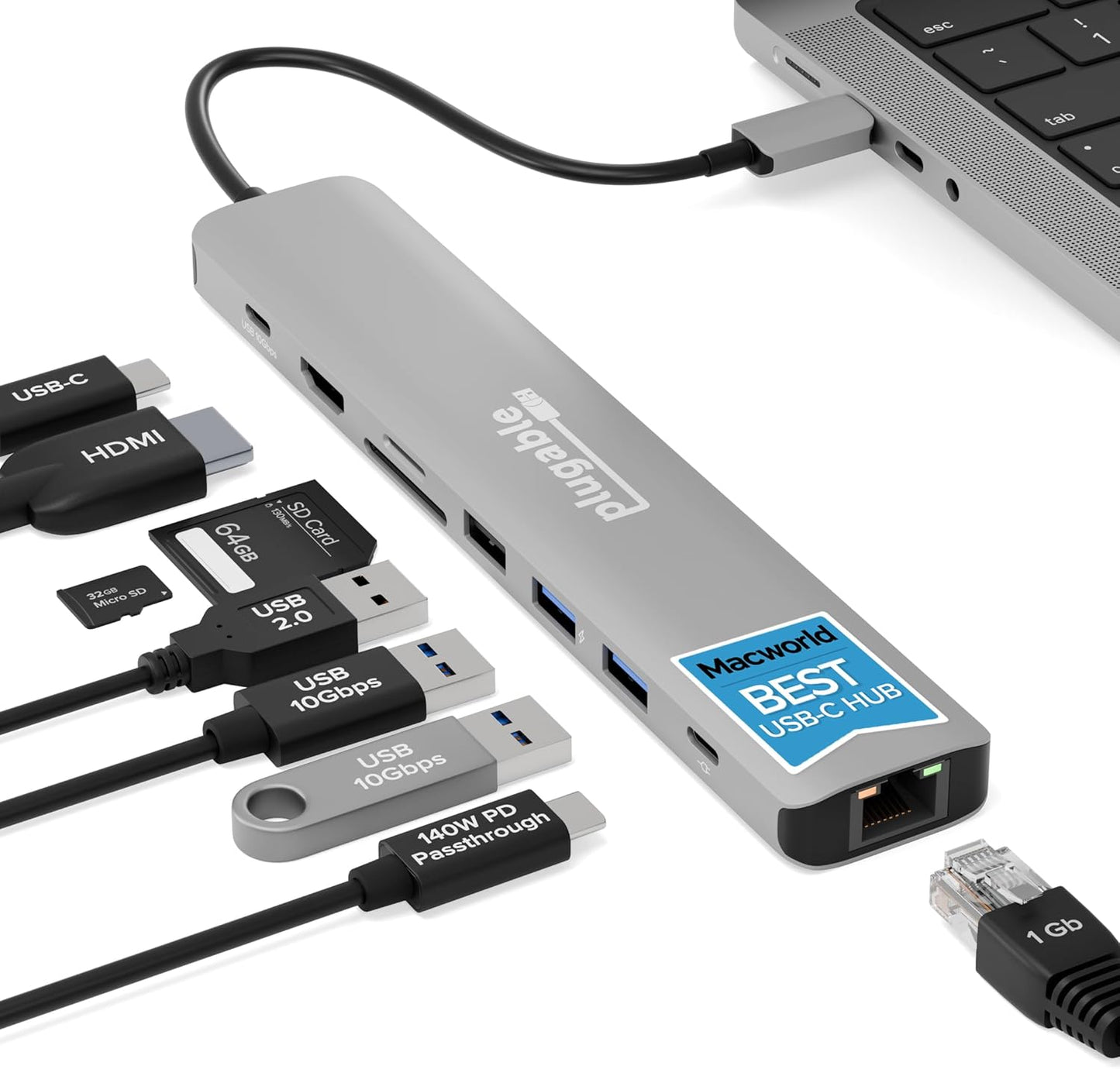 Plugable USB C Hub Multiport Adapter: 9-in-1 with 140W PD Charging, 4K 60Hz HDMI, 10Gbps Data Transfer, Gigabit Ethernet, SD, for USBC, USB4, Thunderbolt MacBook, Windows, Chromebook (USBC-9IN1E)