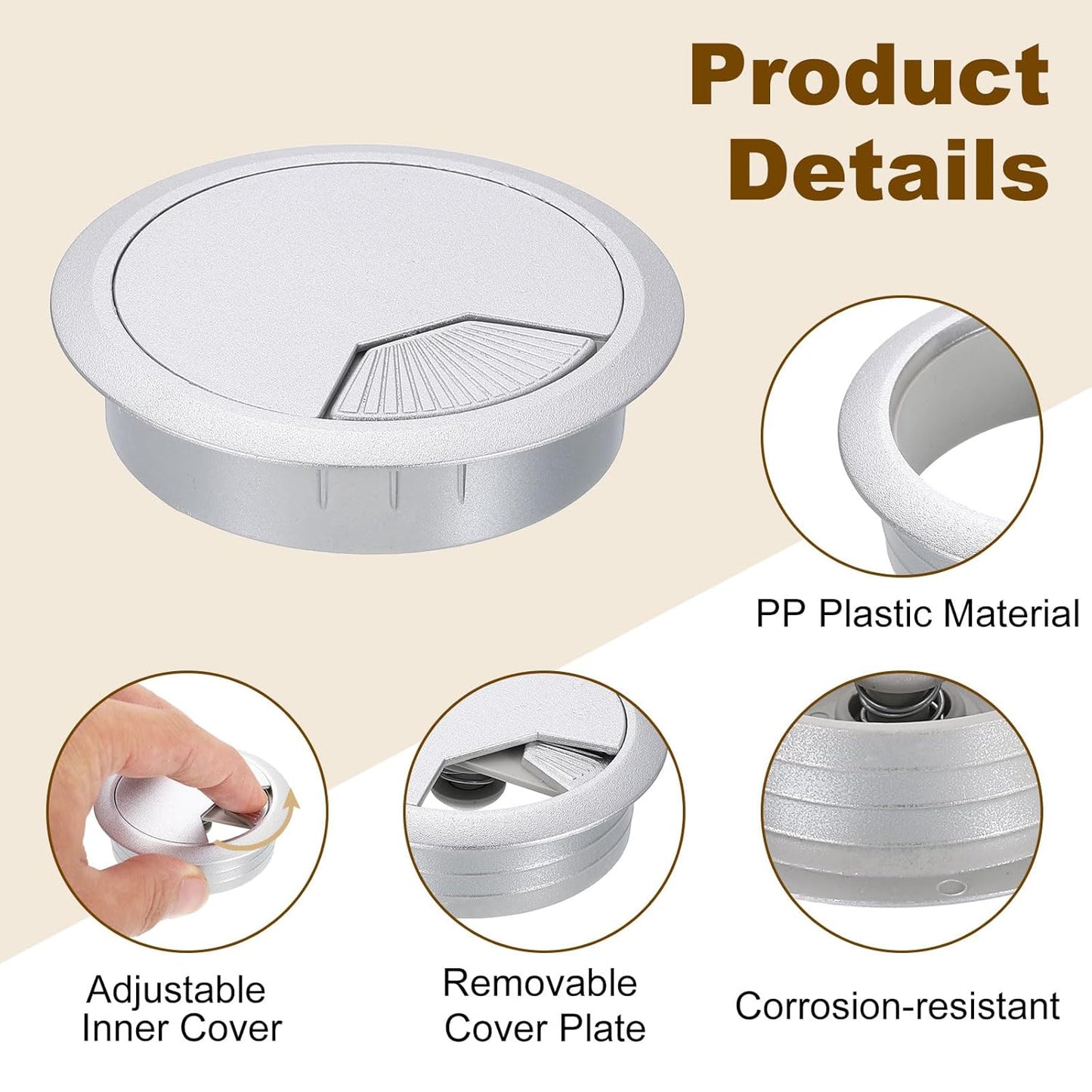 uxcell 6 Pcs 80mm (3.15 Inch) Desk Grommet, Plastic Cable Hole Cover, Wire Cord Cable Organizer for Home Office Computer Desk Cabinet, Silver