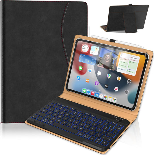 Leather Keyboard Case for 9",9.7",10.1",10.2",10.5",10.9",11" Tablets,7 Colors Backlit,Bluetooth Wireless Keyboard with Pocket Leather Folio Cover(Black)