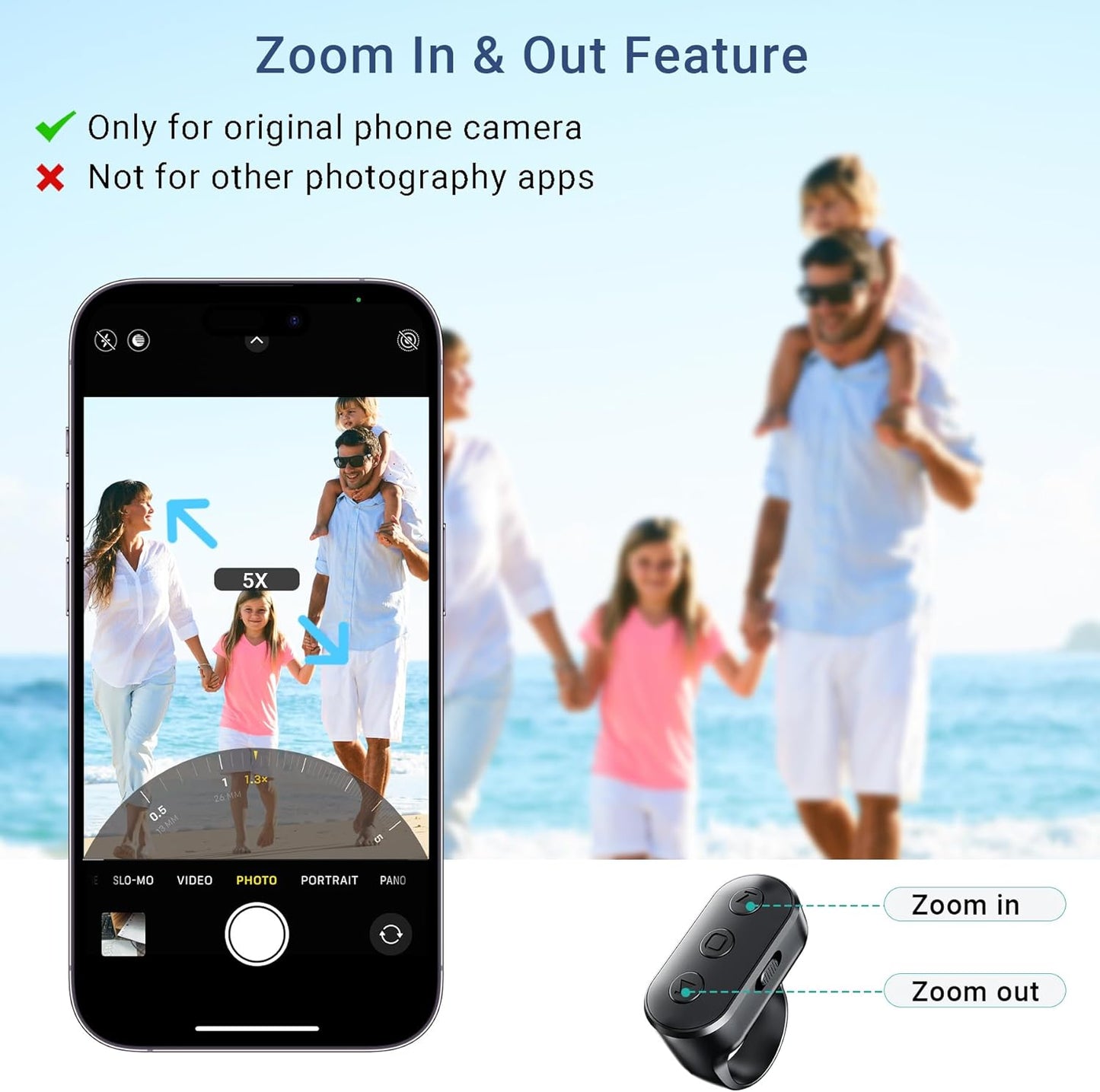 Phone Camera Ring Remote Control with Zoom in/Out, Rechargeable Shutter with Front/Rear Camera Switch for iPhone Android iPad, Hands Free Remote Ring for Photo & Video Recording Content Creator