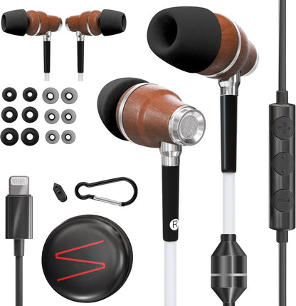 Symphonized Premium Wooden Airtube Headphones EMF Earbuds, 3D Sound, Microphone Volume Control, 8mm Bass Drivers Granting High Audio Quality MFI Certified ONLY for iPhone 11-14