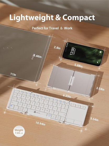 iClever Bluetooth Keyboard with Touchpad, Foldable Keyboard, Metal Body, Gesture Support, USB-C Charge, Pocket-Size Wireless for Travel, iPad, iPhone, Android, Windows, Silver White