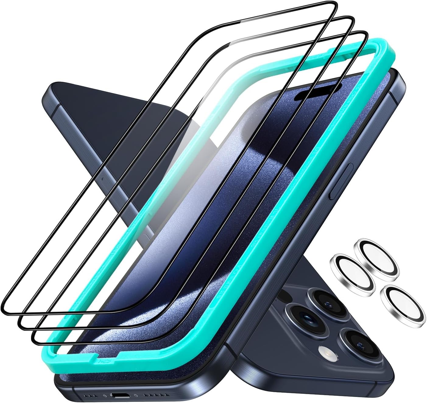 ESR 3+1 Pack for iPhone 15 Pro Screen Protector, [9H Hardness] [Military Grade Shatterproof] Full Coverage Ultra-tough Tempered Glass Film with Easy Installation Frame, 1 Set of Camera Lens Protector