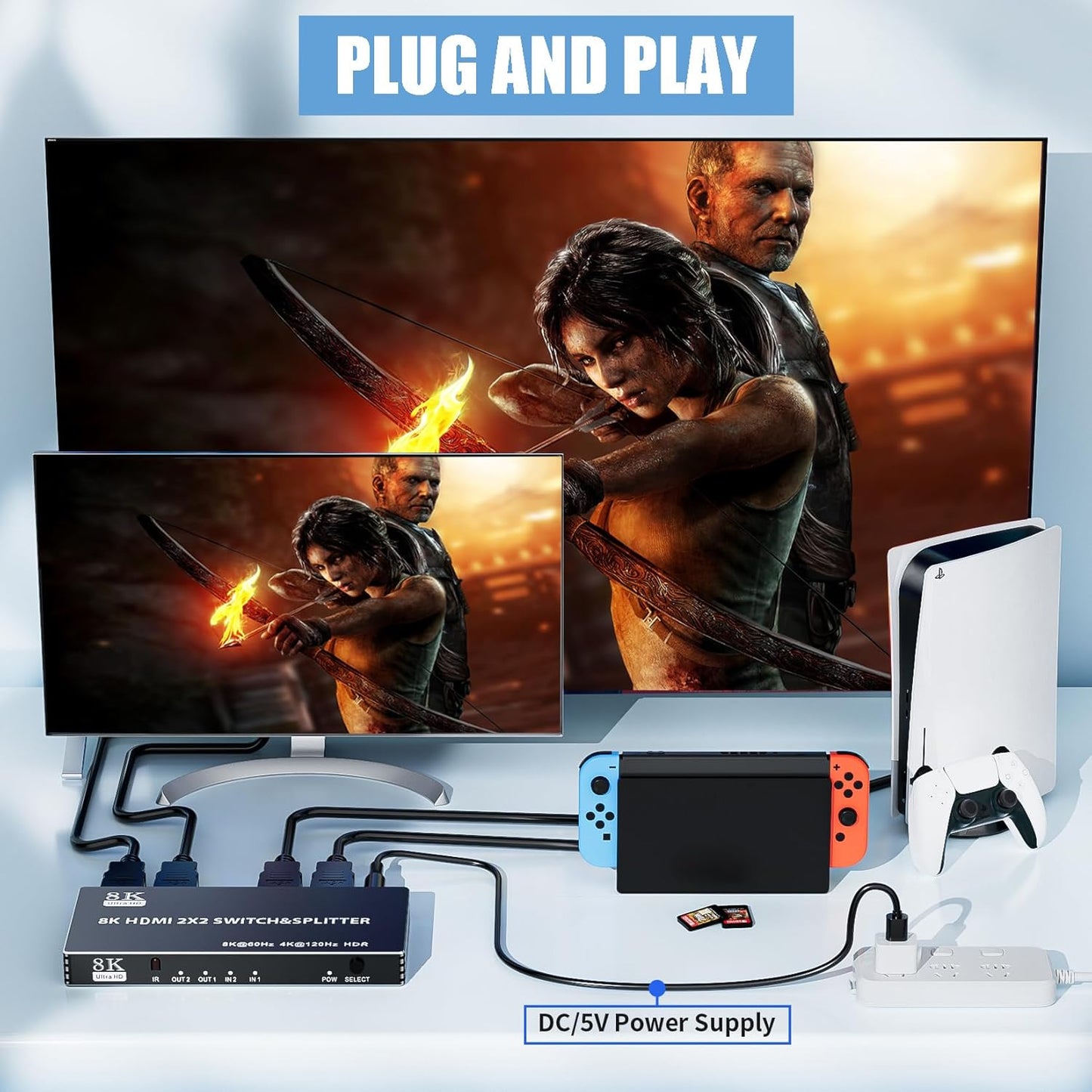 2x2 HDMI Switch Splitter, HDMI 2.1 Switcher 2 in 2 Out 8K@60Hz 4K@120Hz, w/IR Remote Control, Supports HDCP 2.3 HDR, HDR10, HDR 10+, 3D