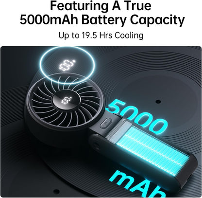 JISULIFE Handheld Fan Life7 – Ultimate Flexibility: High-Power Motor, LED Display, 19.5 Hrs Cooling, 5000mAh Rechargeable, 5-Speed, Foldable Design, 3-IN-1 Portable Fan for Travel Cruise Beach(Black)