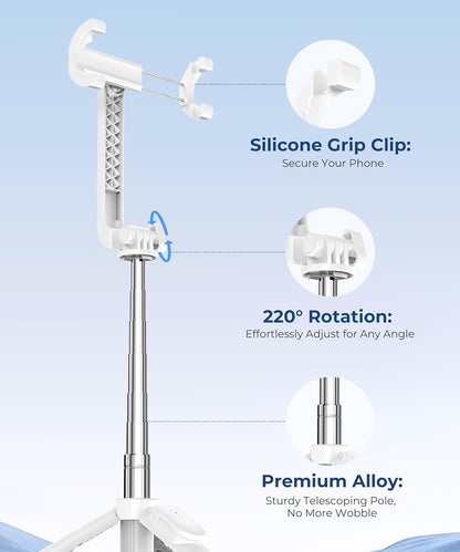 67‘’ Selfie Stick, Phone Tripod with Wireless Remote Control, Portable Selfie Stick Tripod for Photograph, Live Streaming, Video Recording, Compatible with All Cell Phones, White