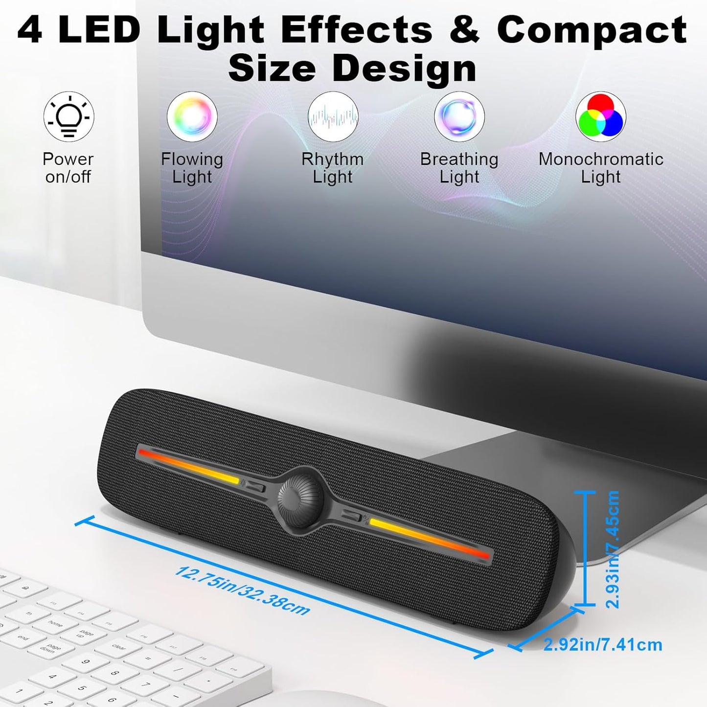 SOULION R90 Bluetooth Computer Speakers for Desktop, USB Powered 3.5mm AUX PC Speakers with LED Dynamic Light, Portable Soundbar Speaker with Rotary Volume Control for Laptop Monitor