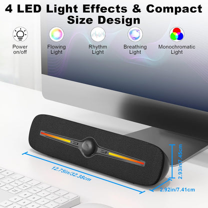 SOULION R90 Bluetooth Computer Speakers for Desktop, USB Powered 3.5mm AUX PC Speakers with LED Dynamic Light, Portable Soundbar Speaker with Rotary Volume Control for Laptop Monitor