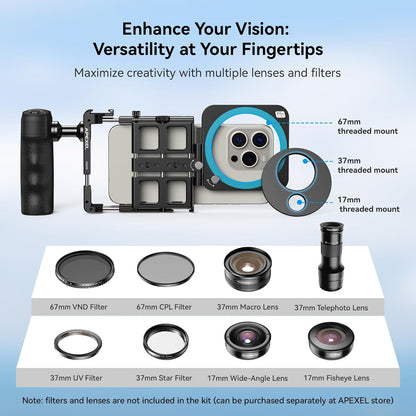 APEXEL Universal Phone Rig Video Kit. Aluminum Handheld Smartphone Vlogging Cage with Rechargeable Handle Wireless Bluetooth Shutter, Phone Stabilizer for Videomaker Compatible with iPhone/Android.