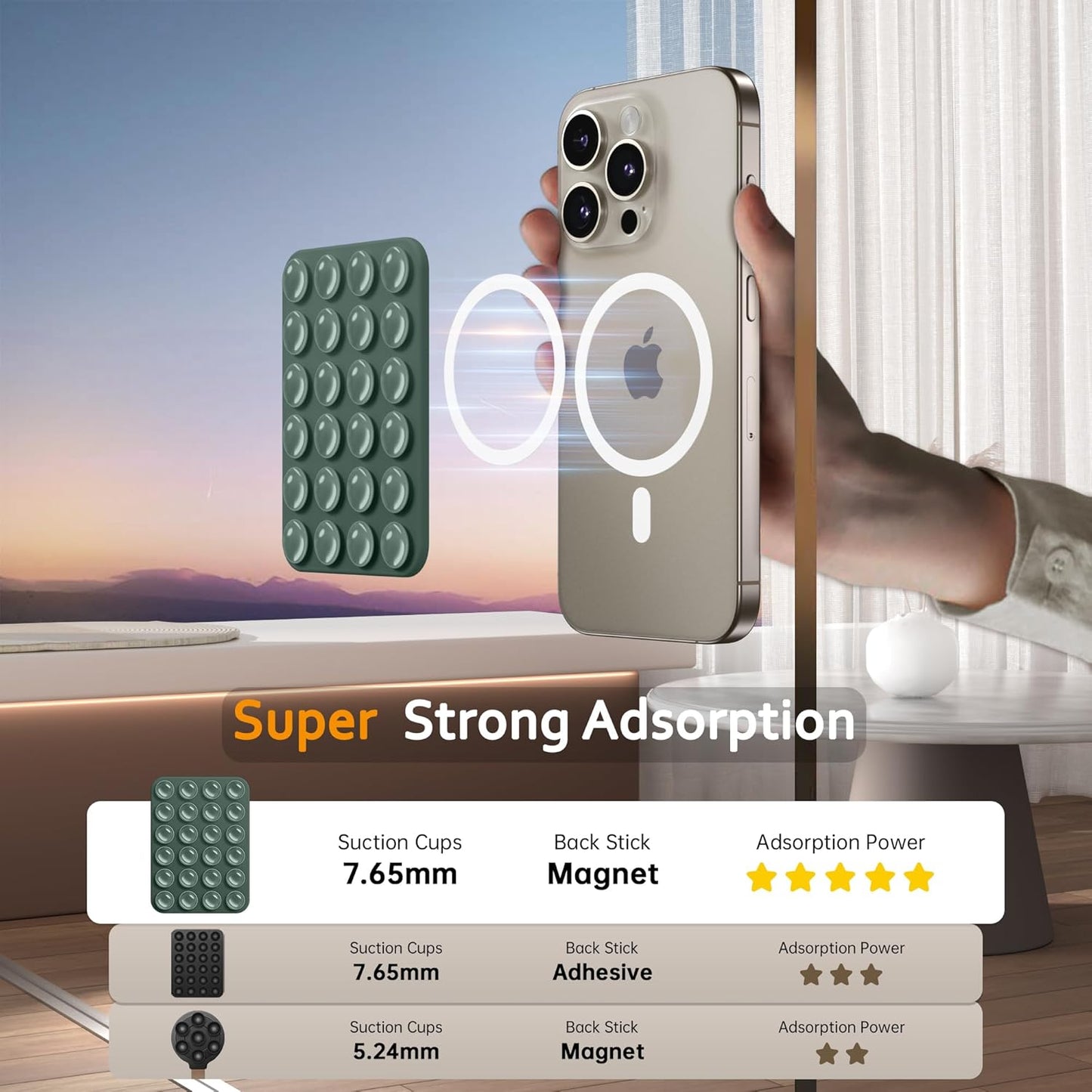 GONEZ Magnetic Suction Cup Phone Mount for MagSafe Case, Removable Silicone Sticky Grip for iPhone 12/13/14/15/16, Hands-Free Selfies and Videos for TikTok & Instagram Influencer/Creator, Army Green