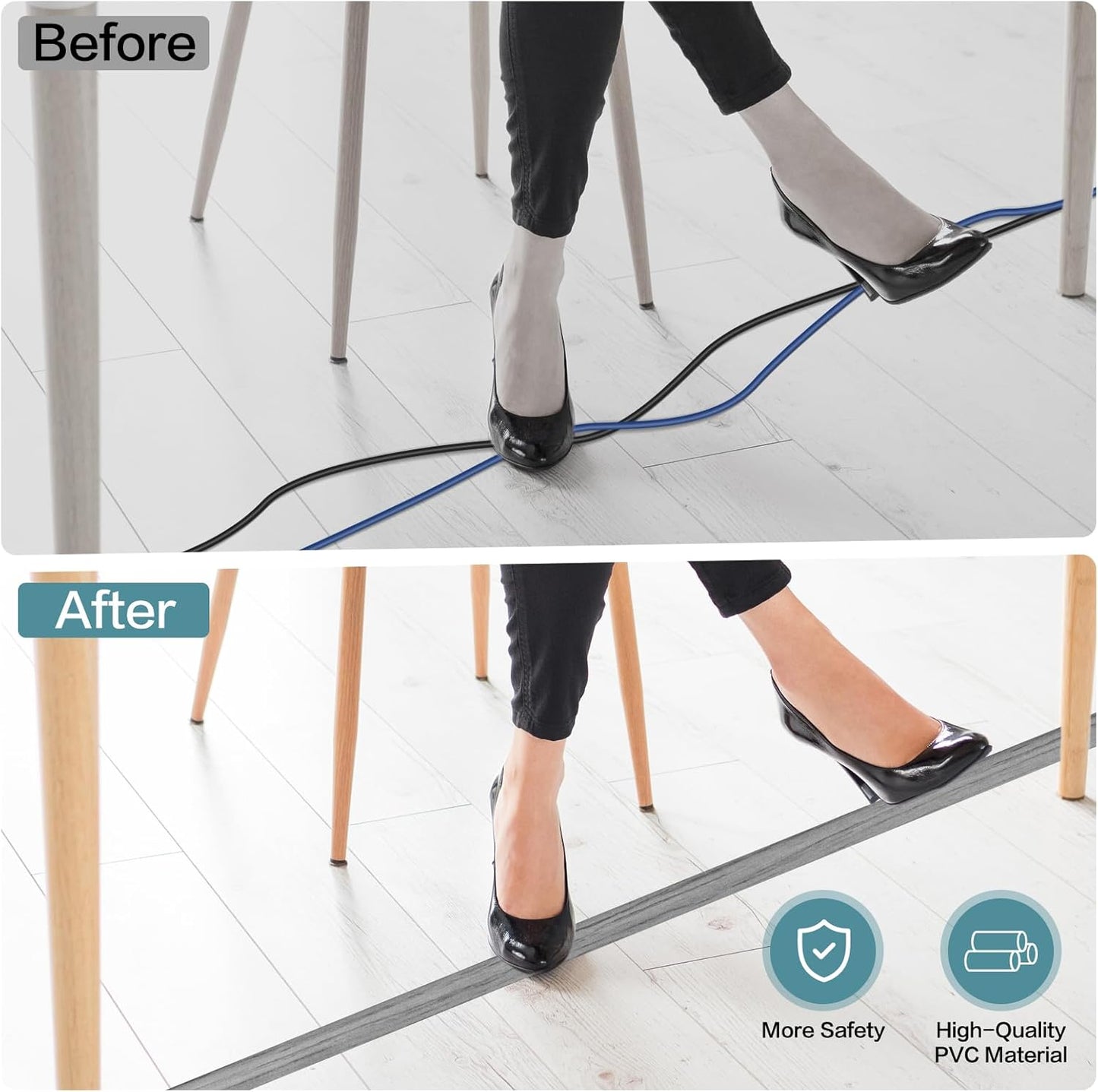 Floor Cord Cover Self Adhesive Cord Hider Floor Extension Cord Covers for Floor Power Cord Protector Cable Management Prevent Cable Trips Cable Cavity 0.47" W x 0.27" H (Light Grey Wood, 3.3Ft)