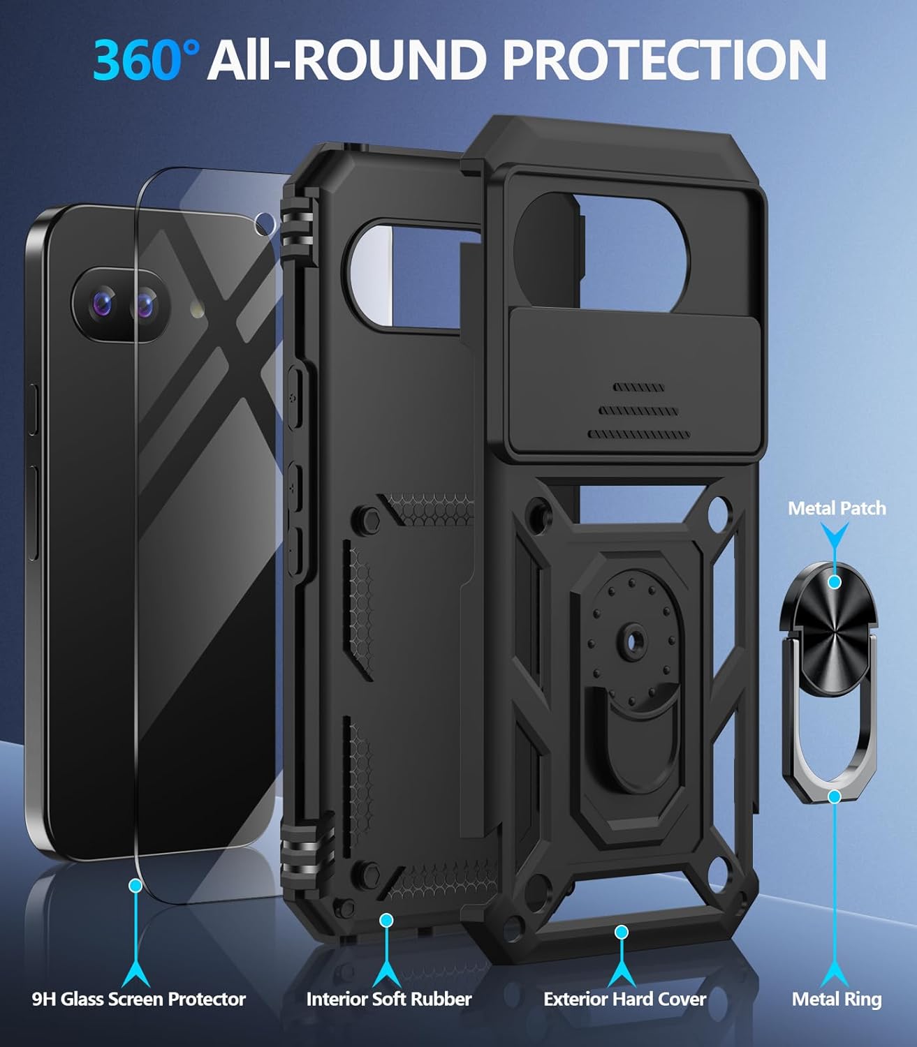 Taisairu for Google Pixel 9A Case with Screen Protector & Slide Camera Lens Cover, Built-in 360°Rotate Magnetic Ring Stand Shockproof Protective Phone Case for Google Pixel 9A Case (Black)