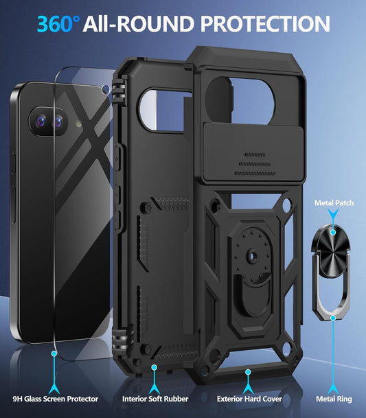 Taisairu for Google Pixel 9A Case with Screen Protector & Slide Camera Lens Cover, Built-in 360°Rotate Magnetic Ring Stand Shockproof Protective Phone Case for Google Pixel 9A Case (Black)