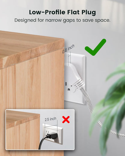 SURAIELEC 1FT Extension Cord, 360° Rotating Flat Plug Extension Cord Flat Wall Plug with 3 Outlets, White Braided Flat Cord for Indoor Use, Compact Areas, 16/3C SPT, ETL Listed, 2 Pack