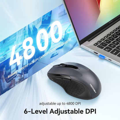 TECKNET Rechargeable Jiggler Wireless Mouse (BT5.0/3.0 & 2.4G) 4800 DPI Silent USB A & Bluetooth Mouse 6 Buttons, Wide Compatibility - Grey