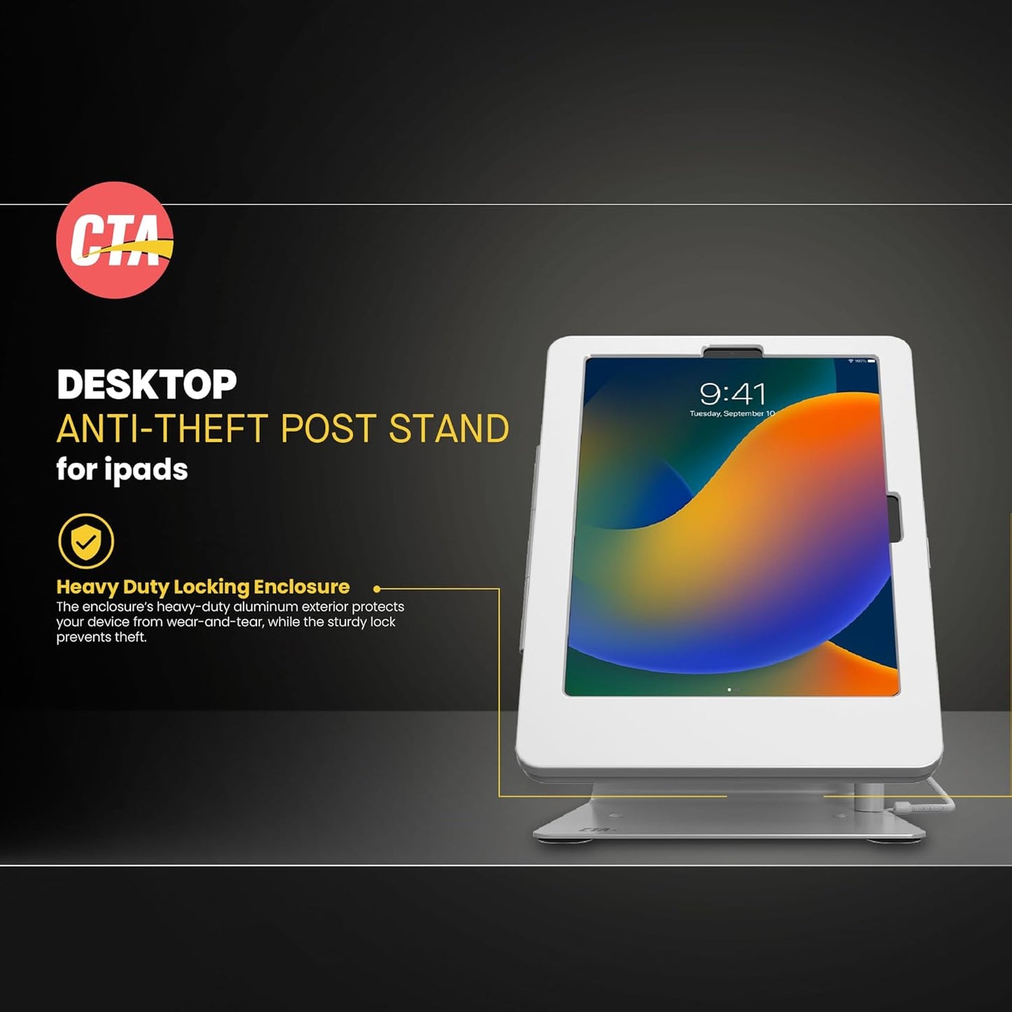 Desktop Anti-Theft Stand – CTA Kiosk Stand with Stylus, Tether, and Aluminum Enclosure for iPad 11th Gen A16 11” - 10th Gen 10.9” - Air 4th & 5th Gen - 11” Pro & More - White (PAD-DASB109W)