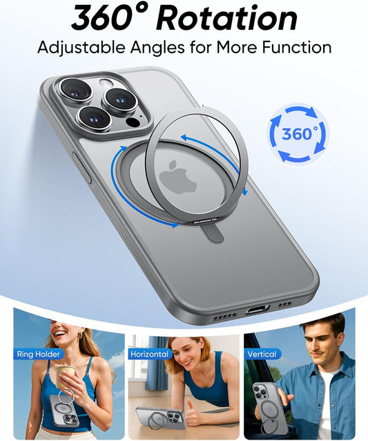 MAGIC JOHN 360° Rotatable Magnetic Invisible Stand for iPhone 15 Pro Case [Camera Control Button] [Compatible with MagSafe] 16FT Shockproof for iPhone 15 Pro Case with Kickstand, Gray