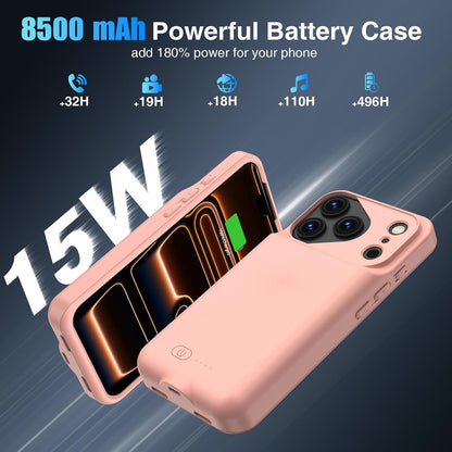 GIN FOXI Battery Case for iPhone 17 Pro, Charging Case Charger 8500mAh Ultra-Slim Lightweight Powerful Battery Pack 15W Fast Rechargeable Anti-Fall TPU Juice Box for iPhone 17 Pro (6.3") Pink