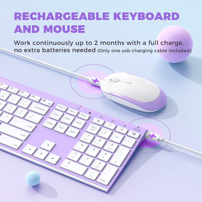 Wireless Keyboard and Mouse, Vssoplor 2.4GHz Rechargeable Compact Quiet Full-Size Keyboard and Mouse Combo with Nano USB Receiver for Windows, Laptop, PC, Notebook-Lavender Purple