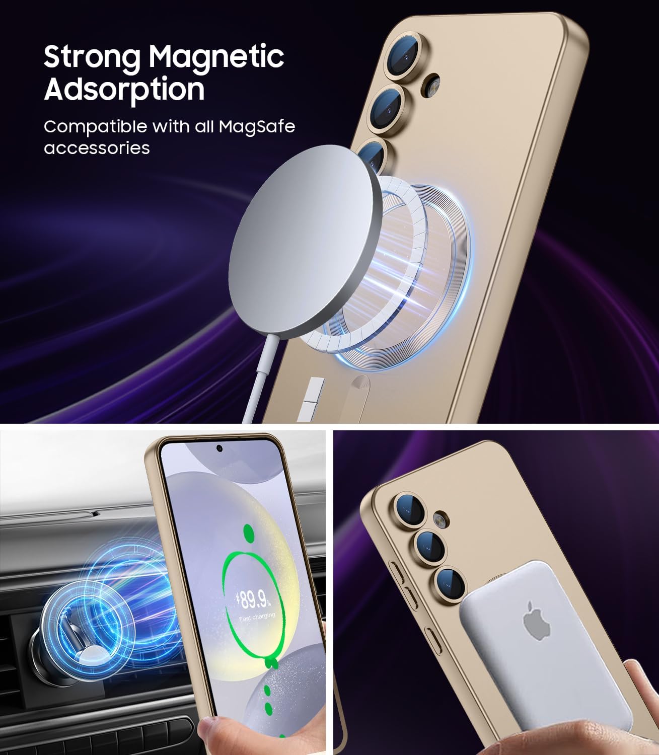 Magnetic for Samsung Galaxy S24 Plus Case [Compatible with MagSafe][Built-in Camera Lens Protector] Slim Soft Silicone Bumper Shockproof Metallic Luster Phone Case (Gold)