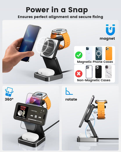 3-in-1 Wireless Charger for iPhone,15W Fast Wireless Charging Station Compatible with Mag-Safe Charger,Magnetic Foldable Travel Charger Stand Nightstand for iPhone 16/15/14/13/12,Apple Watch&AirPods