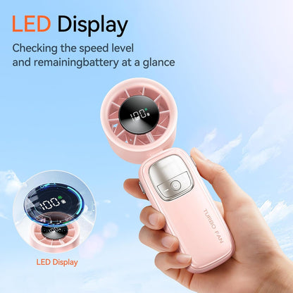 3-in-1 Portable Handheld Turbo Fan-100 Speeds, 15000 RPM, 10Hrs Cooling, LED Display, 90° Rotation, USB Rechargeable Battery Powered, Mini Foldable Hand Held Personal Fan for Women Men (Pink)