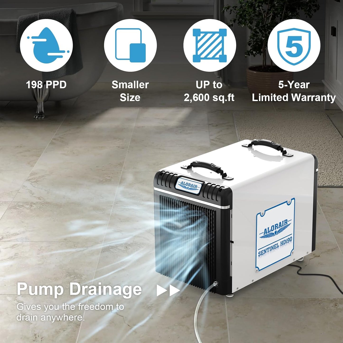ALORAIR Basement/Crawlspace Dehumidifiers 198 PPD (Saturation), 90 Pints (AHAM), 5 Years Limited Warranty, Condensate Pump, Auto Defrosting, Rare Earth Alloy Tube Evaporator, Remote Control (optional)