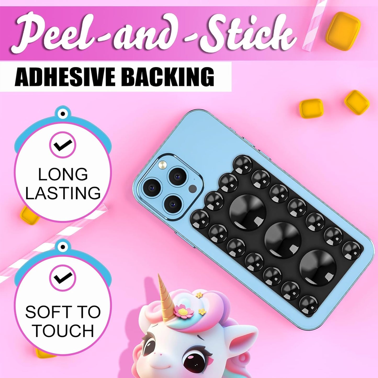 2024 Upgrade 2PCS Silicone Suction Cup Phone Case Adhesive Mount,Adhesive Grip, Sticky Suction Cup Phone Holder & Suction Phone case Holder TikTok & Selfies (Black, 3+16 Single Sided)