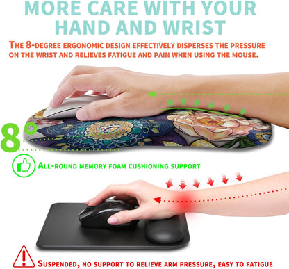 Ergonomic Mouse Pad Wrist Support with Memory Foam Massage Bulge, Carpal Tunnel Pain Relief Mousepad Wrist Rest for Mouse(12x8 inch, Blooming)