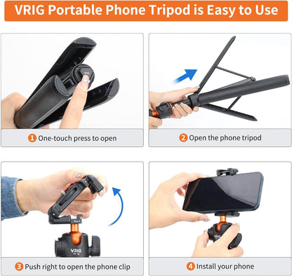 VRIG TP16 Camera Tripod, 55 inch Extendable Phone Selfie Stick Camera Tripod Stand with 2 in 1 Phone Clip, 5 Levels Adjustment 360° Ball Head Loads Up for Pocket 3 Insta360 X5 iPhone Sony Canon