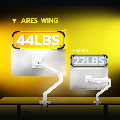 ARES WING Single Monitor Mount with USB A/C, Heavy Duty Monitor Arm for 17 to 49 inch Ultrawide Screen, Holds 44 lbs, Adjustable Gas Spring Arm Desk Mount with Clamp and Grommet Base, White