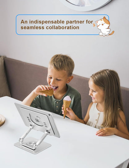 Tablet Stand 360° Rotating Aluminum Holder, Adjustable, Portable and Foldable Monitors Stand for iPads, Compatible with 4-12.9" Tablets, Silver