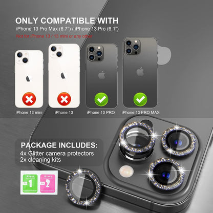 Choiche [3+1 for iPhone 13 Pro/iPhone 13 Pro Max Camera Lens Protector Bling, 9H Tempered Glass Camera Cover Screen Protector Metal Ring Decoration Accessories (Glitter-Graphite)