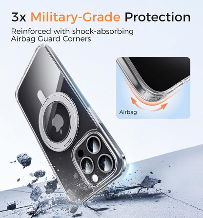 MAGIC JOHN for iPhone 15 Pro Case 360° Rotatable Magnetic Invisible Stand, Fit for MagSafe 15 Pro Phone Case, 16FT Military Grade Shockproof for iPhone 15 Pro Case with Kickstand, Clear