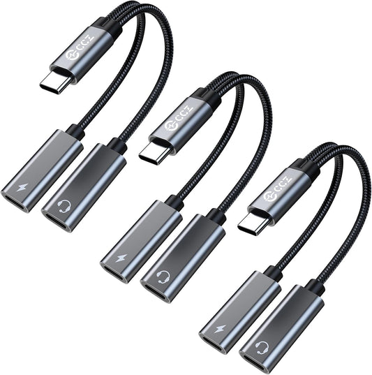 3PCS USB C Headphone Splitter,CCZ CA01 USB C to Type C Headphone Jack and Charger Adapter, 1 in 2 out Dongle Hi-Res DAC Audio Cable with PD 60W Fast Charging for Samsung Galaxy S25 S24 S23 (USBC-USBC)