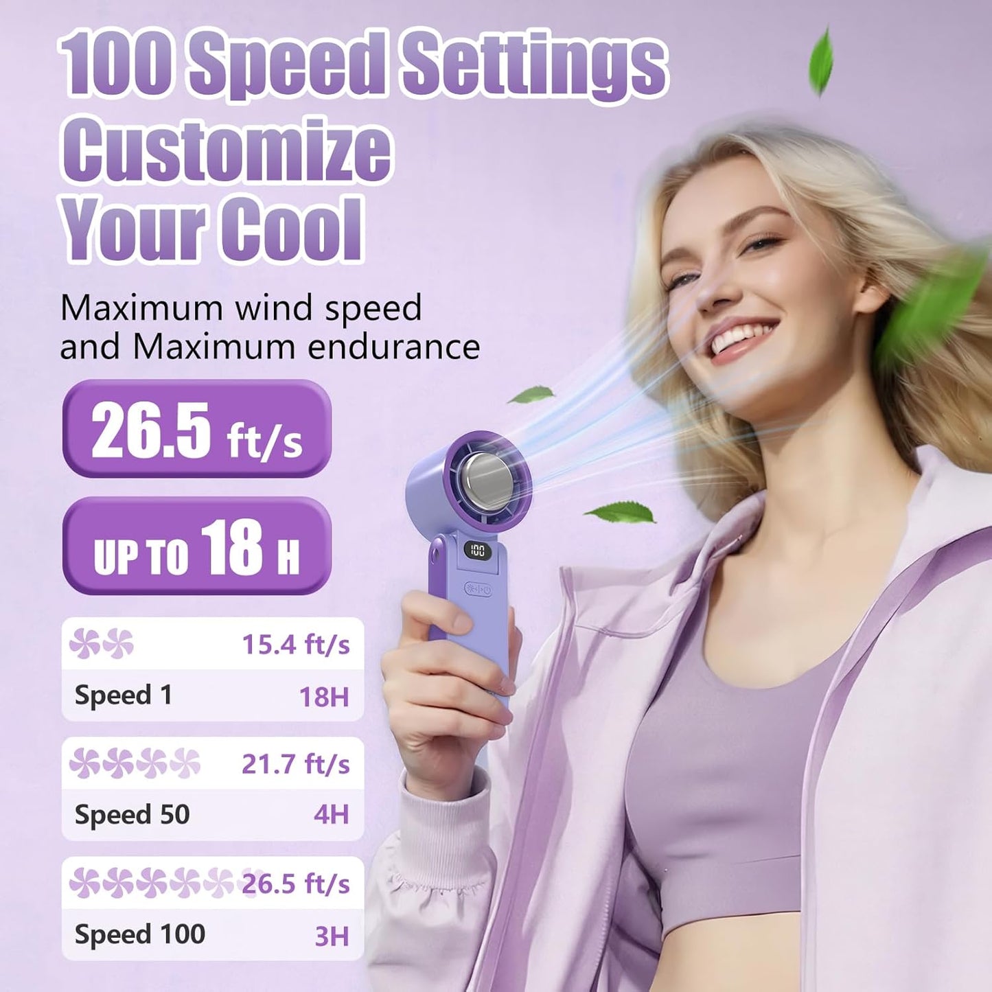 Portable Handheld Fan Rechargeable 100 Speeds Turbo Ice Cooling Fan Personal Mini Fan Small Foldable 3-IN-1 Neck/Desk/Hand Fan, Travel Essentials Gifts for Women Men/Violet