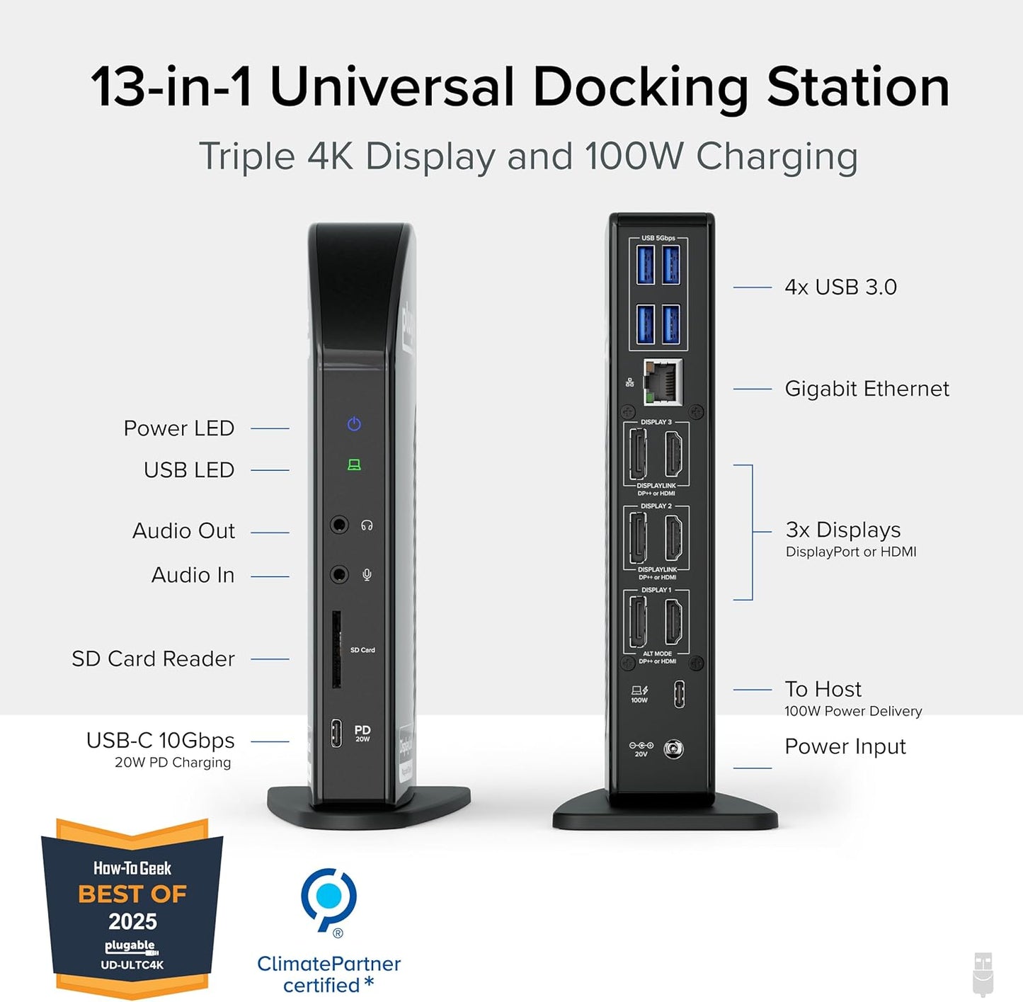 Plugable 13-in-1 USB C Docking Station 4K Triple Monitor with 100W Power Delivery | USB C Dock for Windows, Mac, ChromeOS, Thunderbolt | Driver Required | 3X HDMI and 3X DisplayPort (UD-ULTC4K)