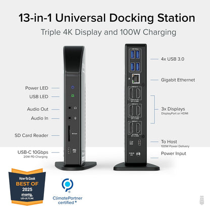 Plugable 13-in-1 USB C Docking Station 4K Triple Monitor with 100W Power Delivery | USB C Dock for Windows, Mac, ChromeOS, Thunderbolt | Driver Required | 3X HDMI and 3X DisplayPort (UD-ULTC4K)